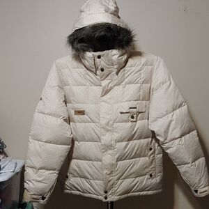 Men's Cream Puffer Ski Jacket with Removable Faux Fur Hood NWOT Size L
